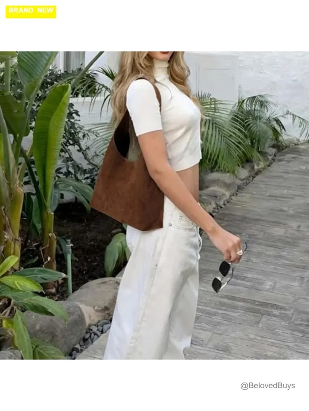 Vintage Brown Suede Hobo Bag Soft Handle Tote Shoulder Bag Minimalist Shoulder